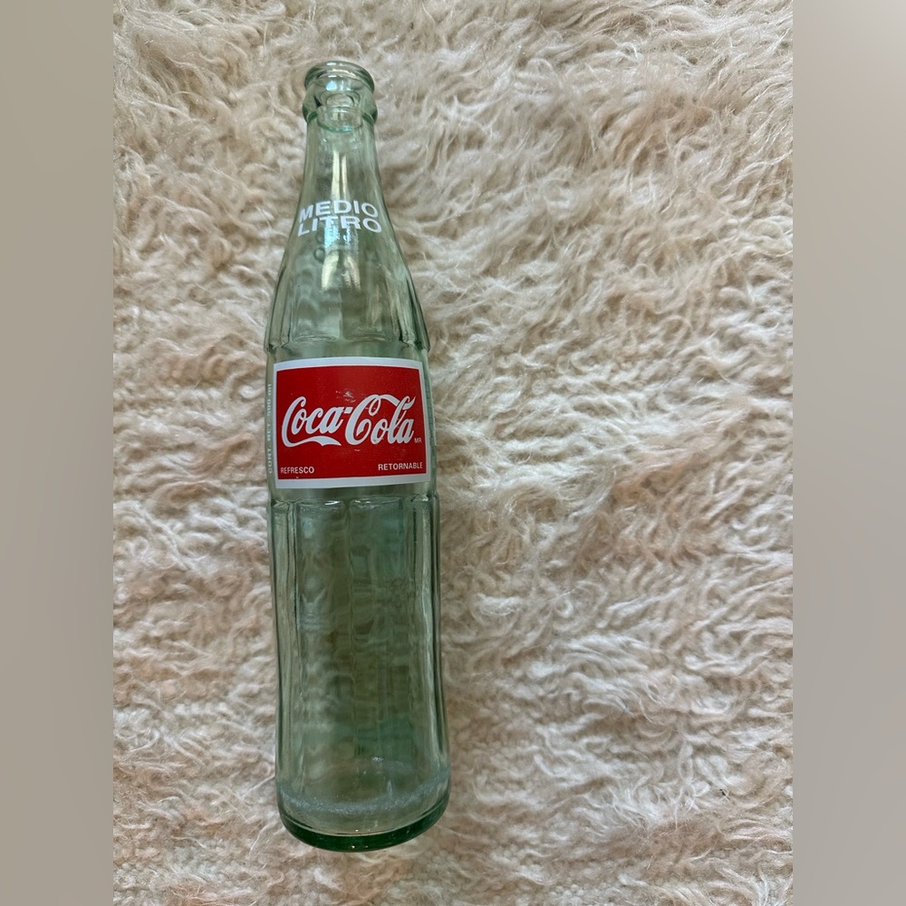 Vintage Mexican Coca-Cola  Green Tint Glass Bottle with Red Label